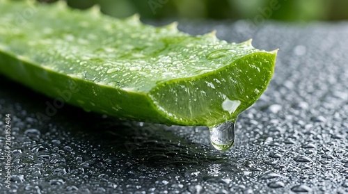 Fresh aloe vera leaf with water droplets on a dark surface