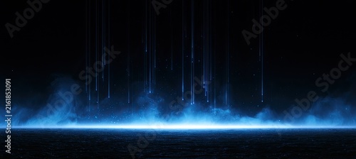 Dark scene with glowing blue light, falling particles, and wispy smoke