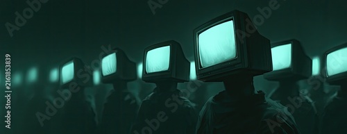 Row of figures with glowing retro monitors for heads in dark, eerie atmosphere
