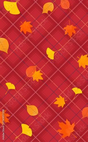 秋の紅葉と赤色チェック柄の背景_縦