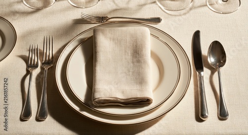 Elegant place setting with fine china, polished silverware, and folded linen