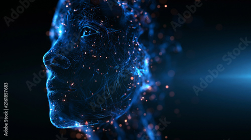 Artificial Intelligence Digital Human Face Made of Glowing Particles