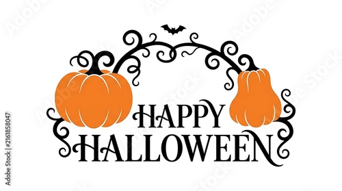 Happy Halloween text with pumpkins and ornate scrollwork during autumn celebration