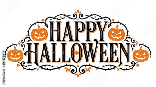 Happy Halloween text with pumpkins and ornate vine border during autumn celebration