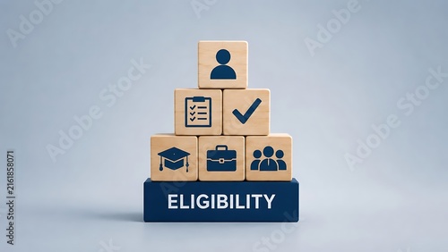 Wooden blocks displaying eligibility text and human resource icons representing candidate qualification and recruitment process