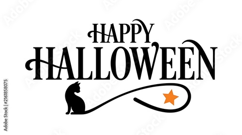 Happy Halloween text with silhouette black cat and orange star on white background