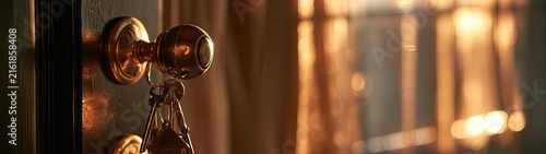 Ornate brass door handle with keys hanging, bathed in warm light