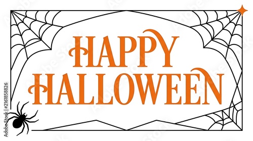 Happy Halloween text with spider and web decoration for spooky season celebration