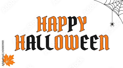 Happy Halloween text with spider web and autumn leaf on white background