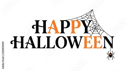 Happy Halloween text with spider web and hanging spider on white background