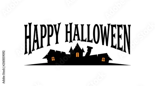 Happy Halloween text with spooky haunted house silhouette during night with glowing