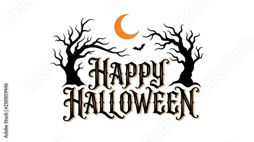 Happy Halloween text with spooky trees and moon graphic illustration for holiday celebration