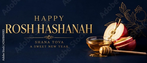 > Happy Rosh Hashanah greeting banner. Jewish New Year holiday concept with sliced red apple, honey, and elegant gold text Shana Tova on dark blue background.