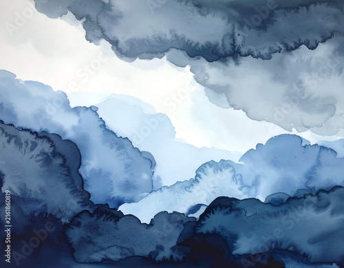 Abstract watercolor artwork. Clouds or waves in various shades of blue wash across white space