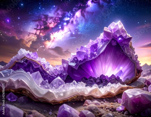 Giant amethyst geode, iridescent light within, under a starry purple and orange sky