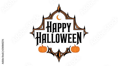 Happy Halloween typographic design with pumpkins and moon during nighttime celebration concept