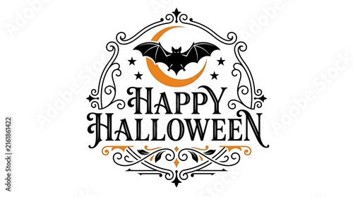 Happy Halloween typographic emblem with bat and crescent moon during night celebration