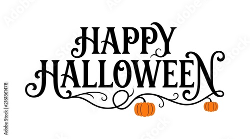 Happy Halloween typography with pumpkins and decorative swirls on a white background