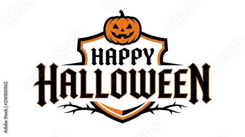 Jack-o-lantern emblem with happy Halloween text and spooky branches on white background vector