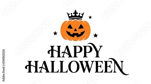 Jack-o-lantern with crown and stars above happy Halloween text on white background vector illustration