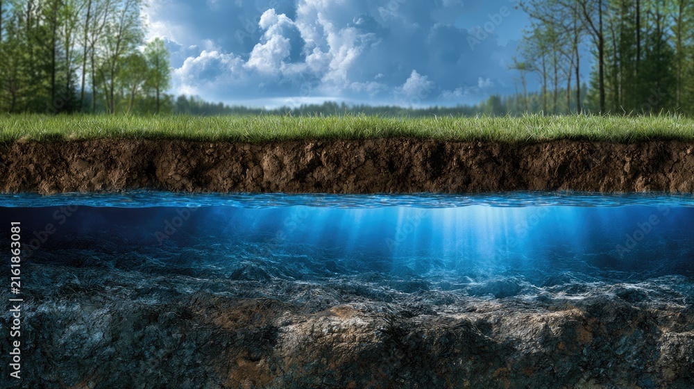 Fototapeta premium Layers of Earth forest, soil, and clear water with underwater rays