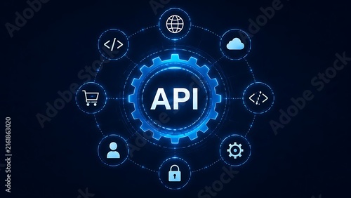 Application programming interface central hub gear connecting digital software and web service icons