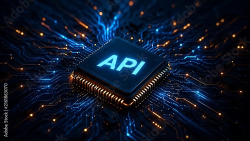 Plakat Application programming interface text on central microchip processor with glowing orange and blue circuit lines