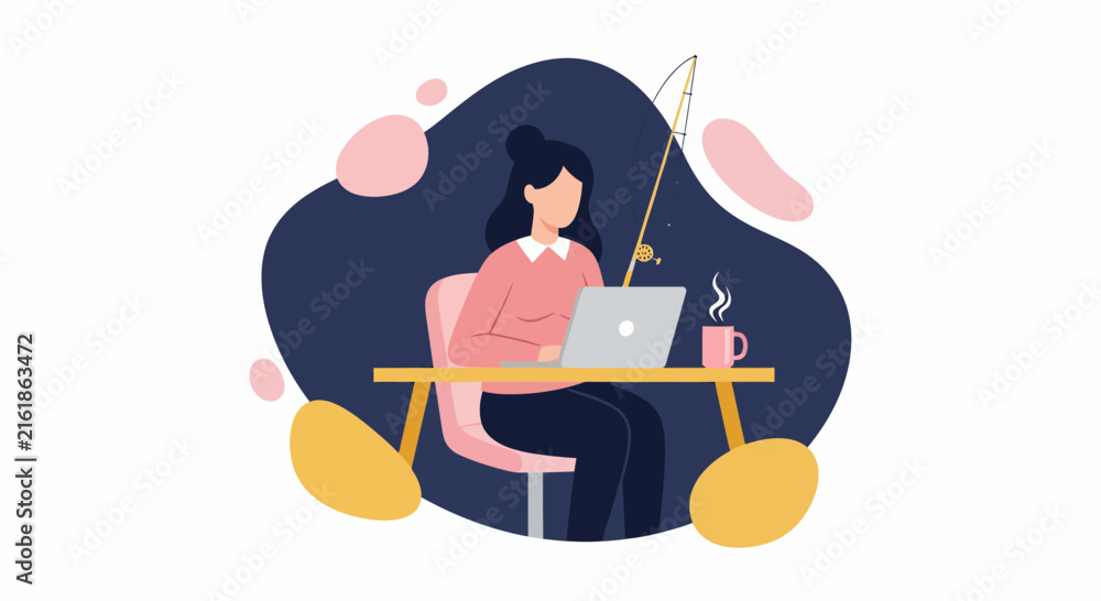 Fototapeta premium Woman Planning a Fishing Trip Online with Laptop and Fishing Rod
