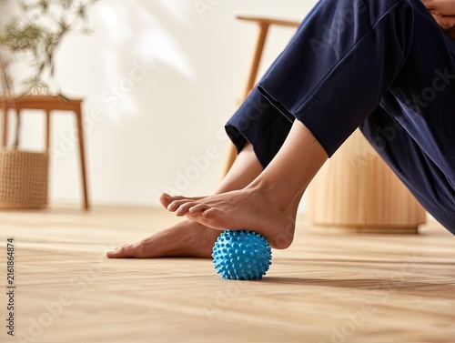 Bare foot rolling on textured blue ball on light wooden floor