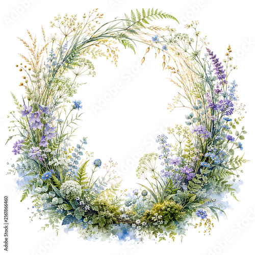 A watercolor floral wreath featuring blue and purple wildflowers with green foliage on.