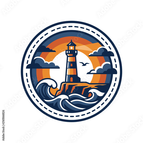 Circular maritime lighthouse and stormy ocean wave emblem.