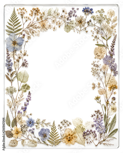 A delicate floral arch frame featuring pressed wildflowers and leaves in pastel tones.