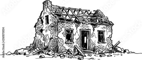 Sketch of a dilapidated brick house with a broken roof