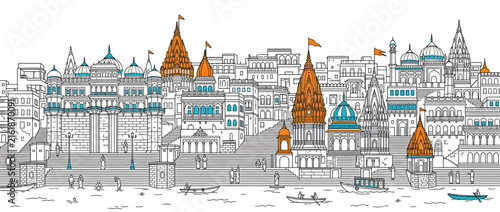 Stylized Indian Cityscape with River and Boats