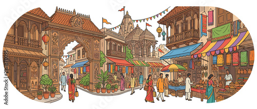 Traditional Street Scene with Market and Temple Illustration