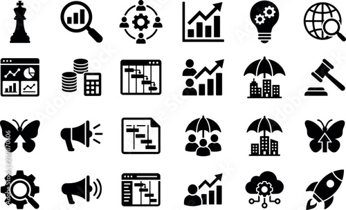 Business strategy and market analysis solid black vector icons set collection.Business strategy and market analysis solid black vector icons set collection.