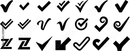 Checkmark and tick mark black vector icons set for approval design.Checkmark and tick mark black vector icons set for approval design.