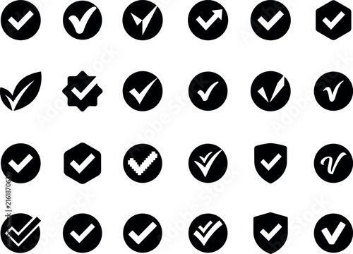 Checkmark and tick mark icons inside geometric shapes black vector design set.Checkmark and tick mark icons inside geometric shapes black vector design set.