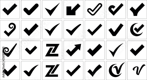 Checkmark and tick mark icons inside squares black vector design set.Checkmark and tick mark icons inside squares black vector design set.