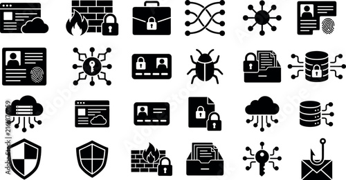 Cybersecurity and network database defense solid black vector icons set collection.Cybersecurity and network database defense solid black vector icons set collection.