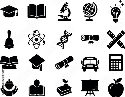 Education and science school learning black solid vector icons set collection.Education and science school learning black solid vector icons set collection.