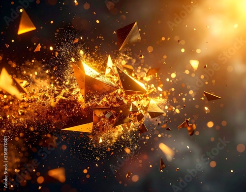 Dynamic composition of golden, exploding geometric shards against a smoky backdrop