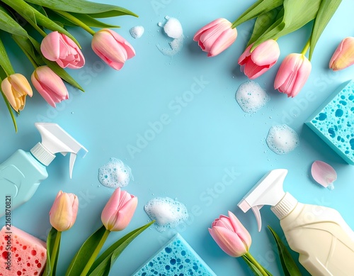 Spring cleaning scene with tulips, cleaning supplies, and bubbles arranged on a blue surface