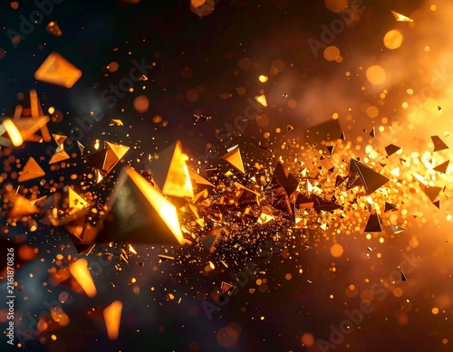 Abstract explosion of golden geometric shards against a dark, bokeh-filled background