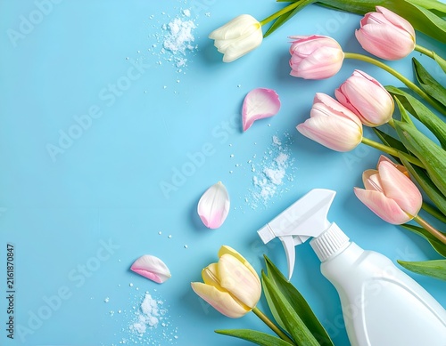 Colorful tulips, spray bottle, and scattered powder on a light blue background