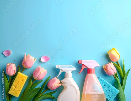 Spring cleaning concept, spray bottles and sponges alongside pink tulips against blue backdrop