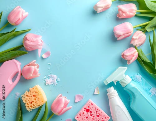 Overhead shot of cleaning supplies and pink tulips on a blue background