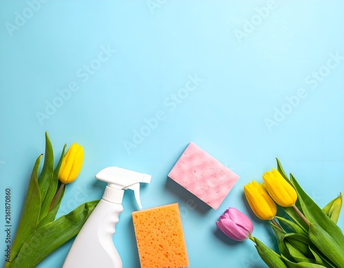 Cleaning supplies with tulips on a blue background. Spring cleaning theme