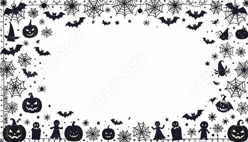 ジャックオーランタンとコウモリが賑やかに囲むハロウィンのモノクロフレーム素材