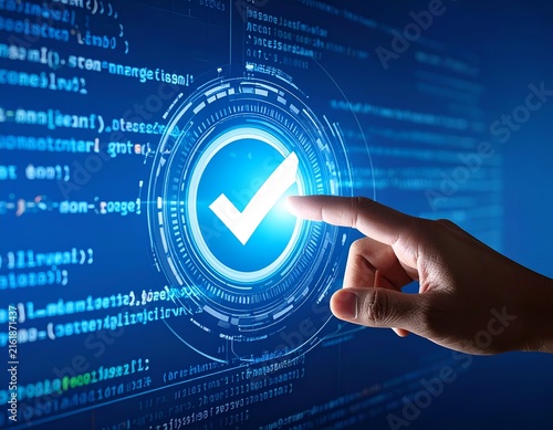 Hand touching glowing checkmark icon within a digital interface, overlaying code